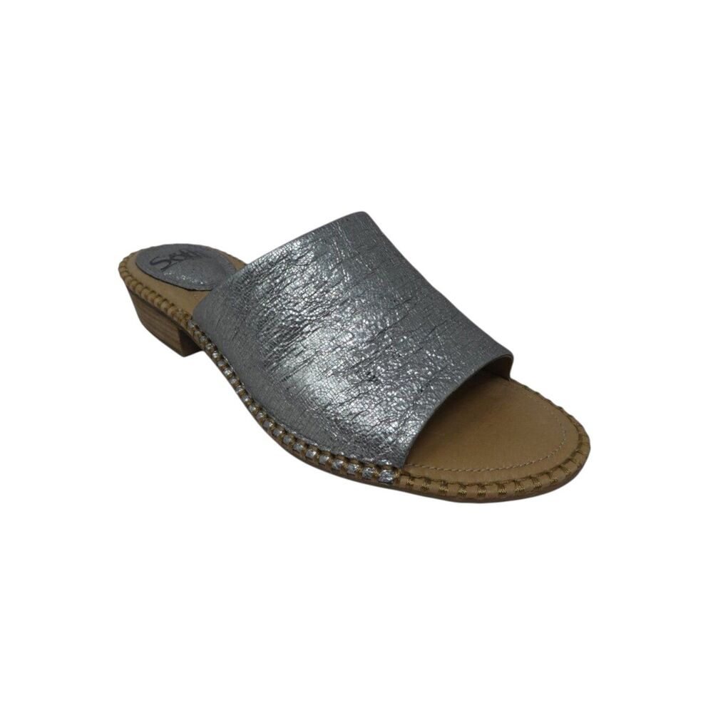 Sofft Nalanie Metallic Silver Leather Open Toe Block Heel Mules Sandals